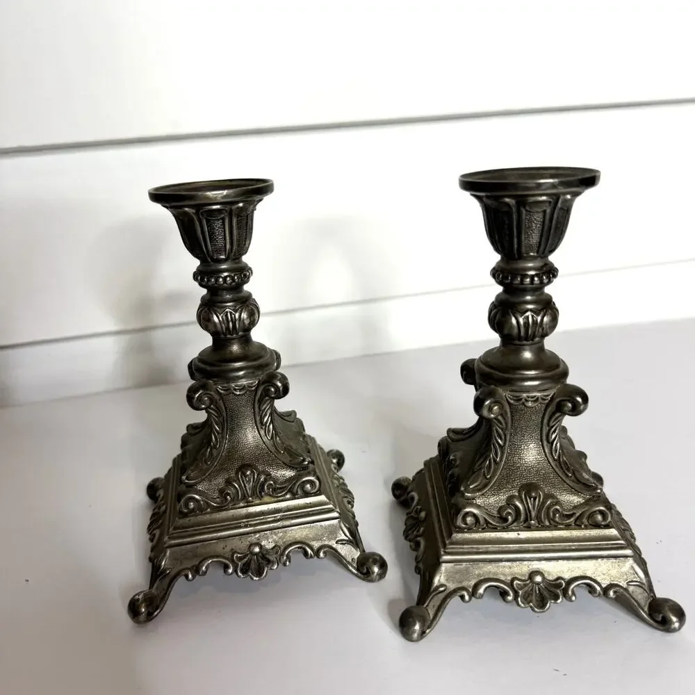 Pair of Antique Baroque Pewter Italian Rococo Italian Altar Candle Stick Holders